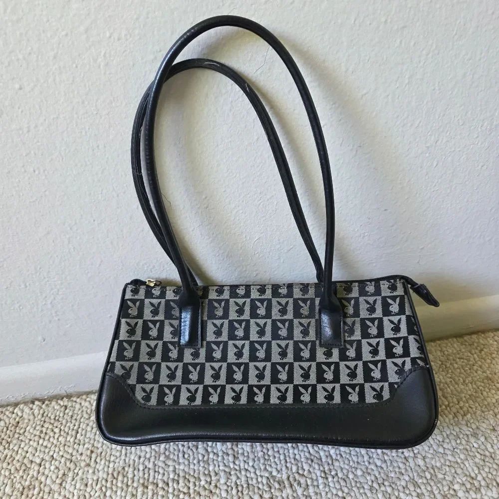 Vintage Y2k PlayboyโMonogram Shoulder Bag Black And Grey Checkerboard Print